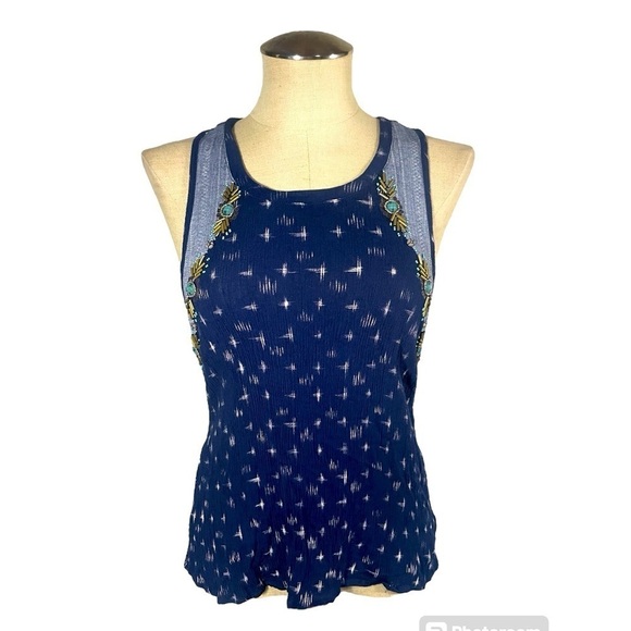 Miss Me Tops - Miss Me Beaded Floral Navy Top Size Small